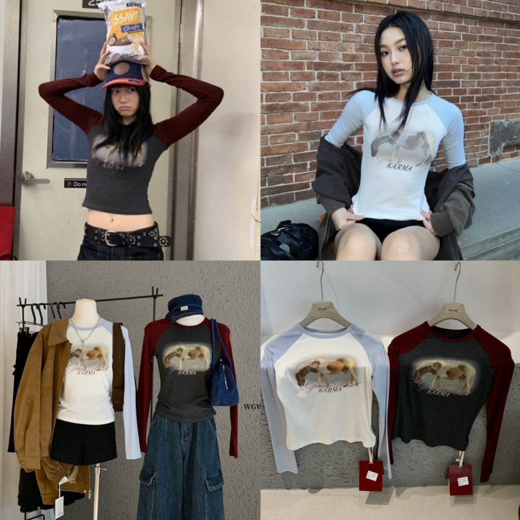 W7956 เสื้อยืดแขนยาวสกรีนลายด้านหน้า งานป้าย WG.WE 🇰🇷