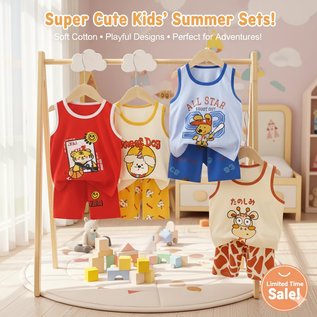 [ชุดเช็ทเสื้อกล้ามเด็ก] เสื้อกล้าม+กางเกงขาสั้น Size73-130 3เดือน-6ปี ผ้าCotton ใส่สบาย ผ้านิ่ม ระบายอากาศ