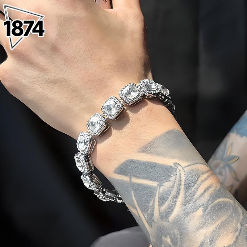 NEW-1874 สร้อยข้อมือลูกอมหินไทเทเนียมเหล็ก แฟชั่น OL สแควร์ร็อคลูกอมสร้อยข้อมือเพชรเต็มแฟชั่นแนวโน้มยุโรปและอเมริกา
