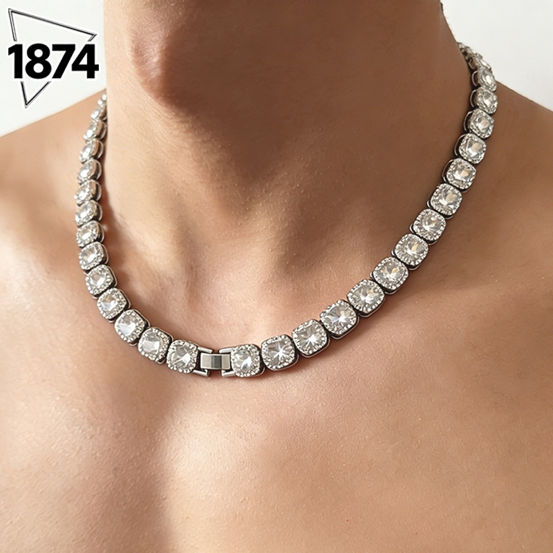 NEW-1874 สร้อยคอลูกอมร็อค แฟชั่น OL ลูกอมหินสี่เหลี่ยม สร้อยคอเพชรเต็ม สร้อยคอคิวบา แนวโน้มแฟชั่นในยุโรปและอเมริกา ราคา ถูกที่สุด ดีลบีเคเค