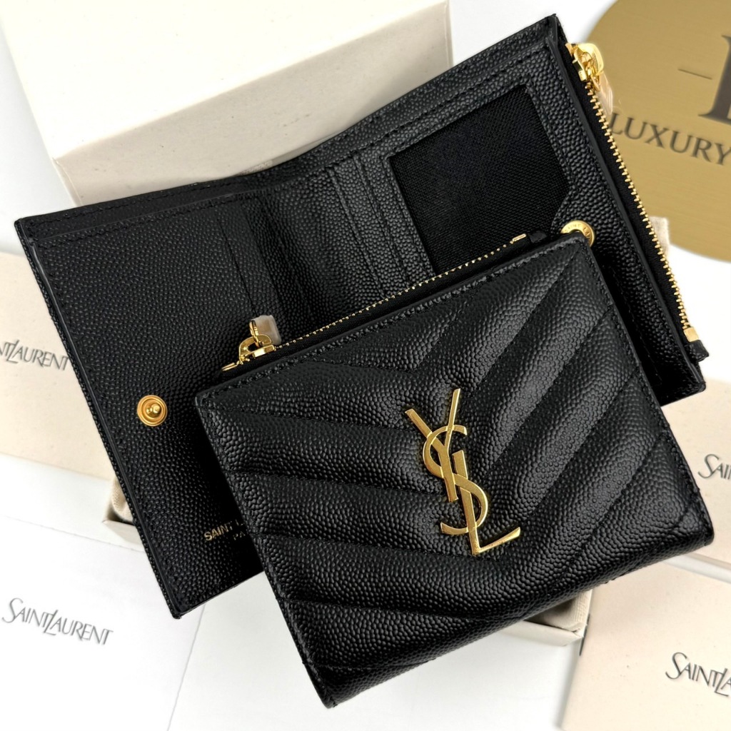 กระเป๋าสตางค์ YSL SAINT LAURENT zipper wallet  575879 (1000) สี black/gold  ของแท้ 100%