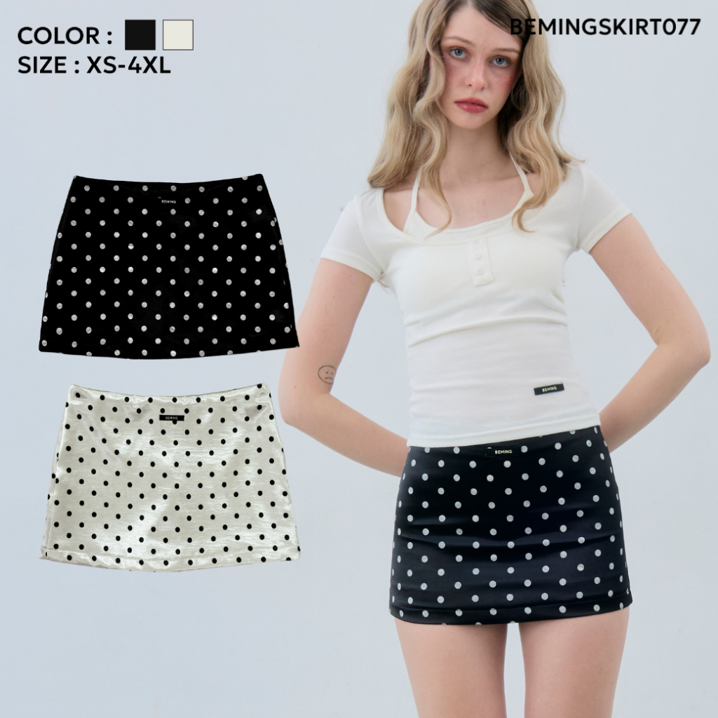 Bemingskirt077(XS-4XL)-Polka Mini Skirt - กระโปรงทรงสั้นลายจุดดีไซน์คลาสสิกเนื้อผ้านิ่มลื่น