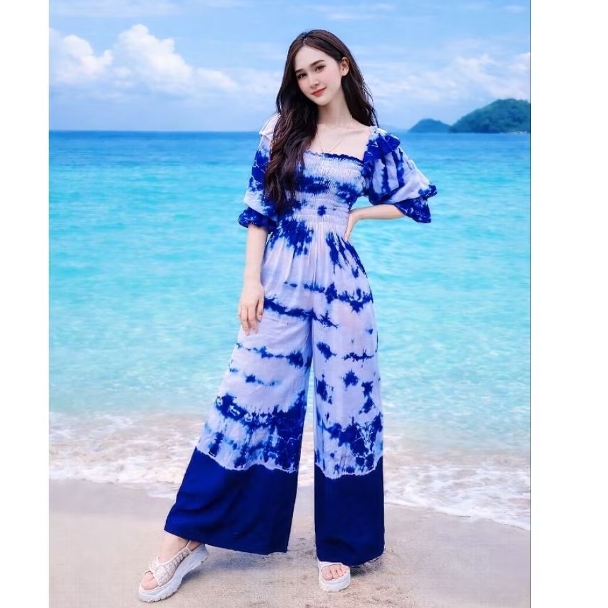 ชุดมัดย้อมสีสวยสดใส ผ้าพริ้ว ใส่สบายไม่ร้อนเป็นจั้มสูทสมอกอกพอดีตัวสวยๆค่า