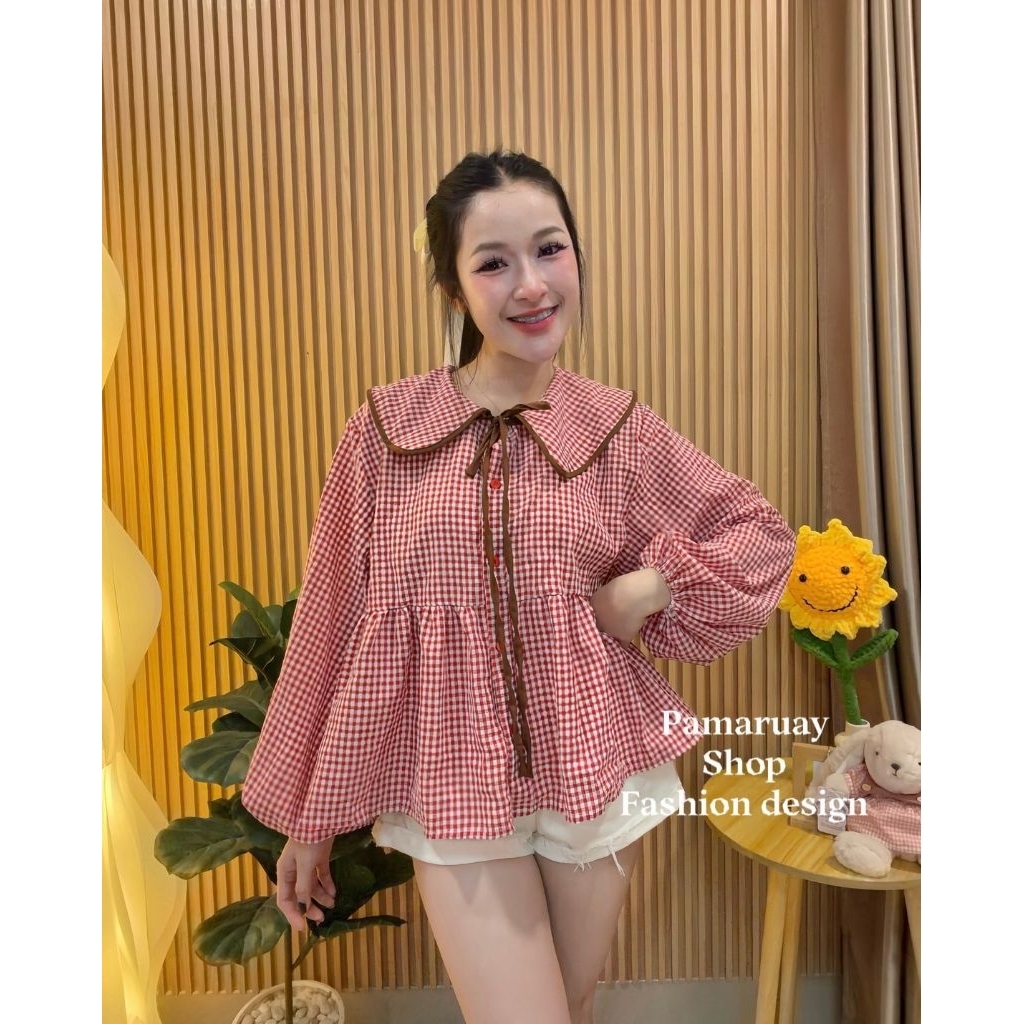 🌷Cotton🌷เสื้อคอบัวแขนยาวลายสก็อต🌷