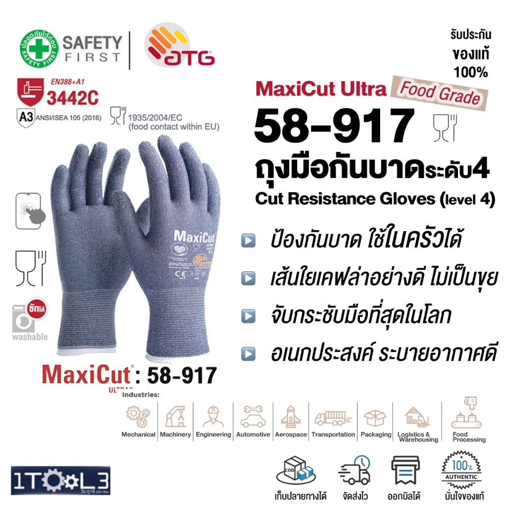 ถุงมือกันบาดระดับสูง ATG MaxiCut Ultra uncoated 58-917 ใช้ในอุตสาหกรรมอาหาร Food Grade