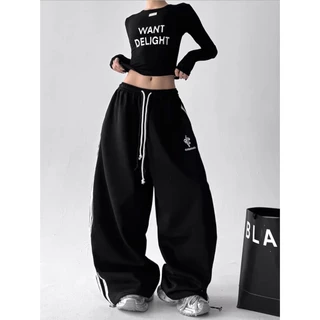 [Embroidery, striped casual pants]สไตล์อเมริกันวินเทจผู้หญิงเย็บปักถักร้อยเทรนด์สบาย ๆ ลายกางเกงขากว้าง