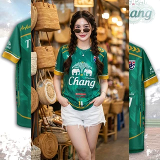 เสื้อกีฬาคอกลมลาย-ช้างThailand-เขียว ใส่ได้ทั้งชายและหญิงเนื้อผ้ากีฬา