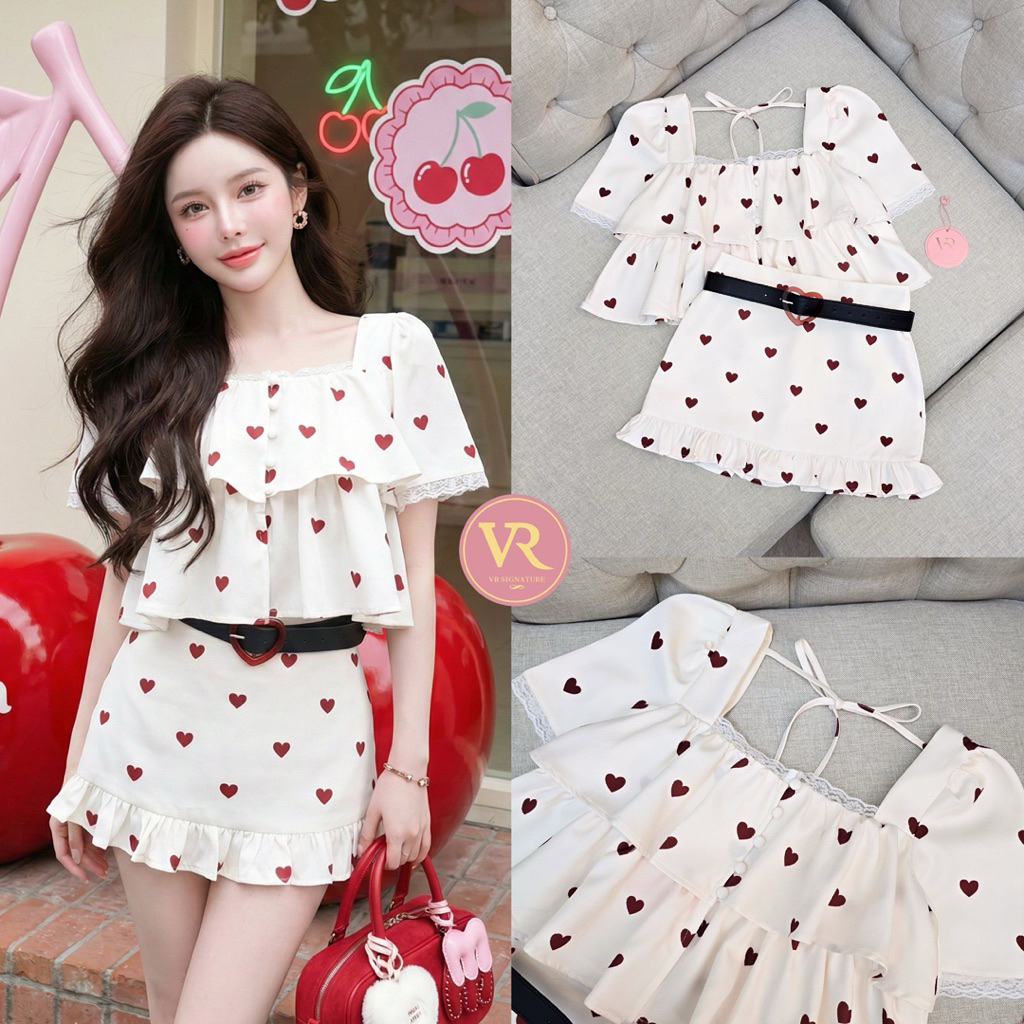 VR signature Set เสื้อ+กระโปรง ลายจุดแบบน่ารัก