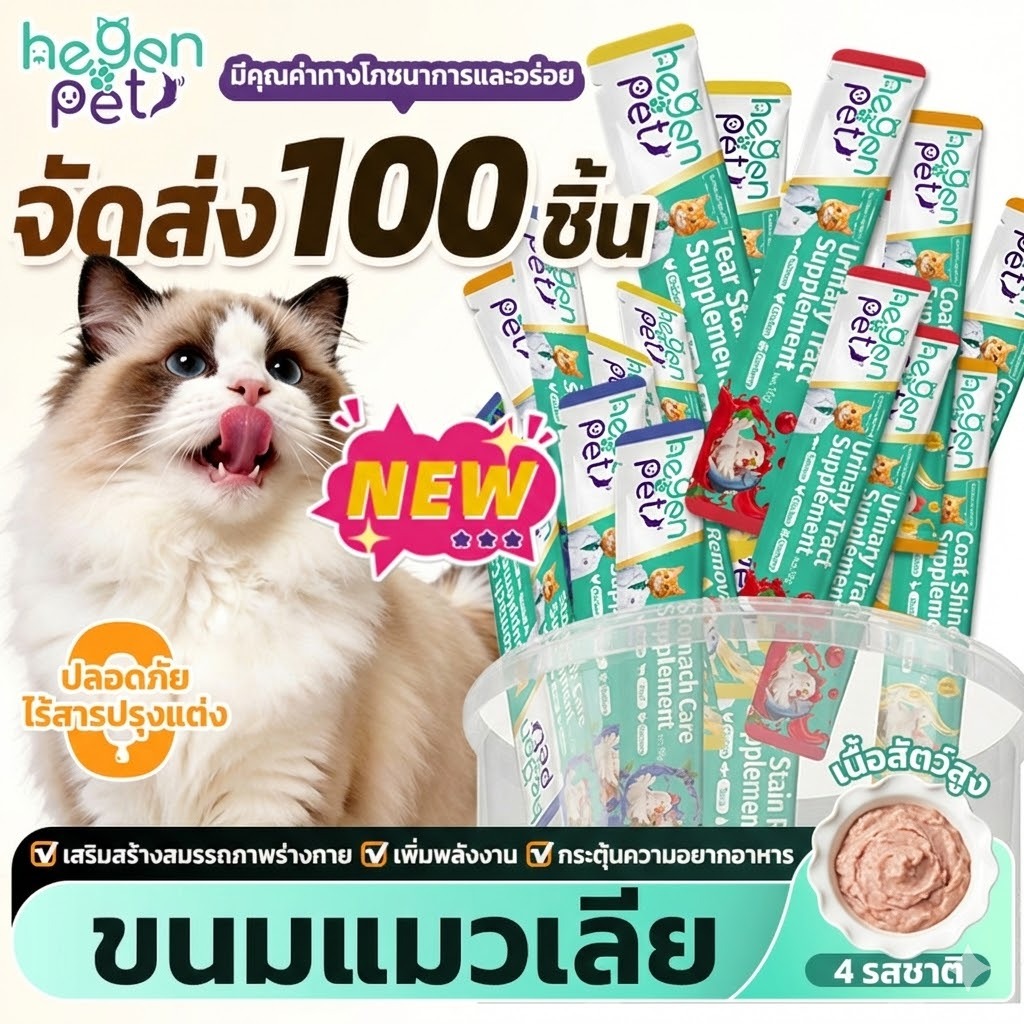 ✨100 ชิ้น✨ ขนมแมว Hegen สำหรับเพิ่มความอยากอาหาร บำรุงขนให้สุขภาพดี เพิ่มน้ำหนัก อาหารเปียกสดใหม่
