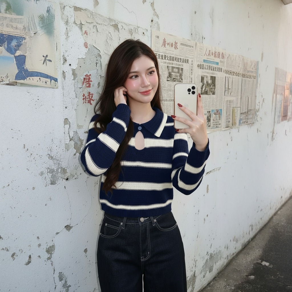 SpinnyHouse เสื้อแขนยาว ผ้าไหมพรม แต่งคอปกติดกระดุมเว้าทอลาย สาวอวบใส่ได้ ผ้ายืดตามตัว รุ่น วิ่งฟรี