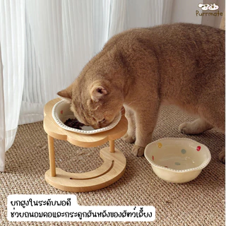 ชามเซรามิกสัตว์เลี้ยงลายเกาหลี พร้อมฐานไม้ยกสูง ดีไซน์น่ารัก ป้องกันปวดคอ ใช้ได้ทั้งหมาแมว High-temperature ceramic bowl