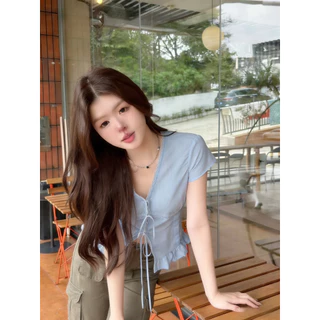 Kitty พร้อมส่ง🌸เสื้อเชิ้ต แขนสั้น สีพื้น เชือกผูกหน้า สไตล์ลำลอง เสื้อครอป รัดรูป ผู้หญิง แฟชั่น น่ารัก อินเทรนด์