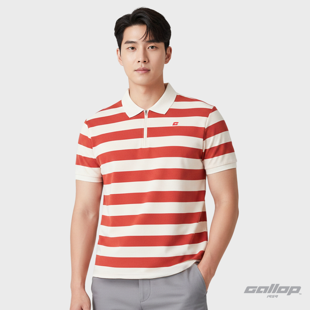 GALLOP : Striped Zip Neck Polo Shirt เสื้อโปโลคอซิปลายริ้ว รุ่น GP9071 สี Orange/Cream / ราคาปรกติ 1390.-