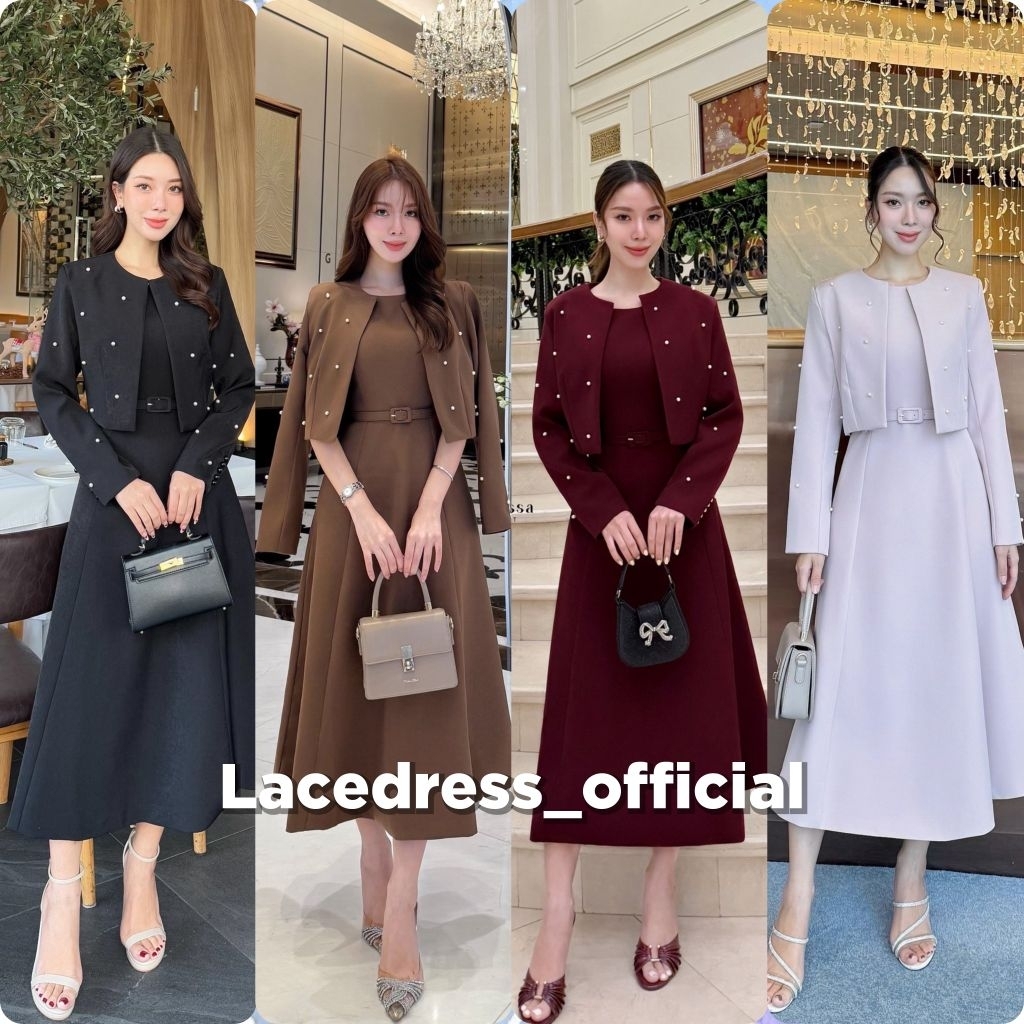 Charissa ● พร้อมส่งสีดำ น้ำตาล แดง ชมพู/ชุดเซ็ต3ชิ้นเดรส+ครอป+เข็มขัด