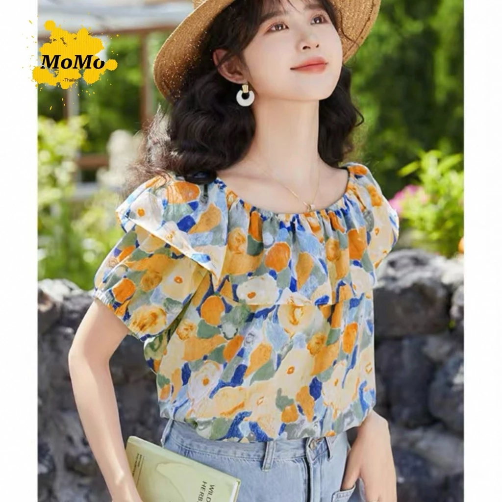 เสื้อลายดอกไม้ผ้าชีฟองแขนสั้น ดีเทลจับจีบพอง รุ่น 074 thumbnail 7