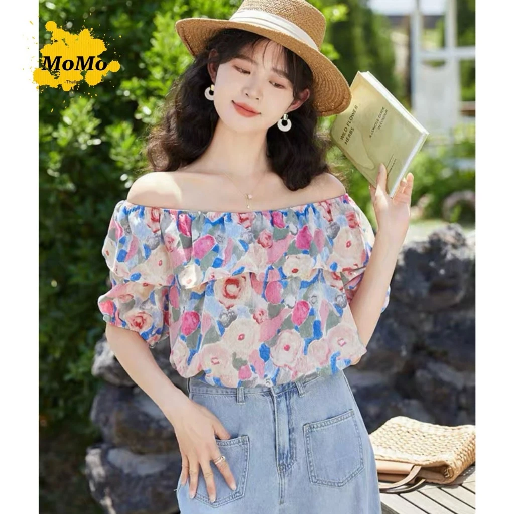 เสื้อลายดอกไม้ผ้าชีฟองแขนสั้น ดีเทลจับจีบพอง รุ่น 074 thumbnail 3