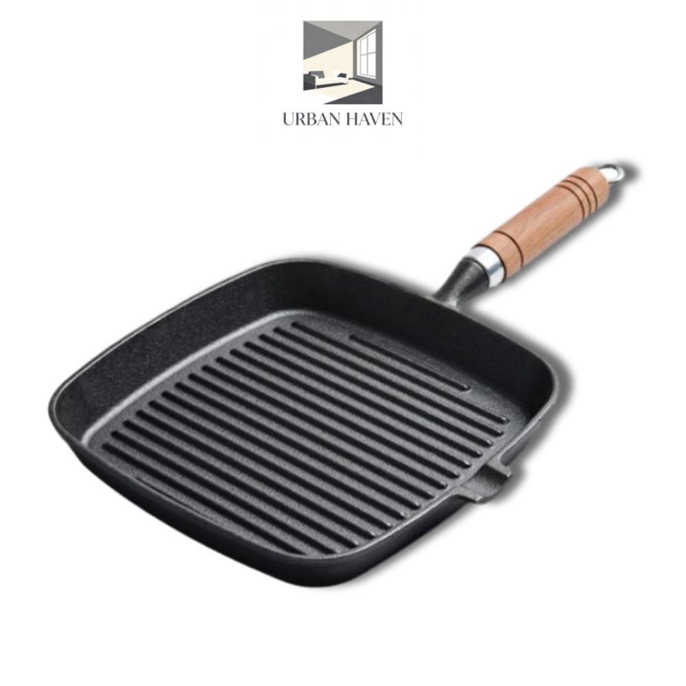 กระทะย่างเหล็กหล่อผิวสแกร็ต กระทะเหล็กหล่อผิวไม่ติด พร้อมร่องระบายน้ำมัน ด้ามจับไม้