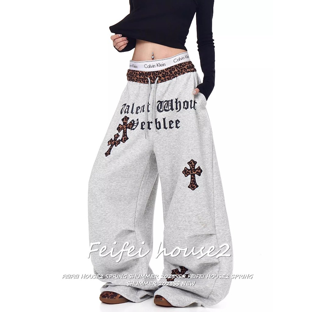 [Leopard print letter print trousers]สไตล์เรโทรอเมริกันลายเสือดาวและลายตัวอักษรกางเกงขายาวทรงกว้าง