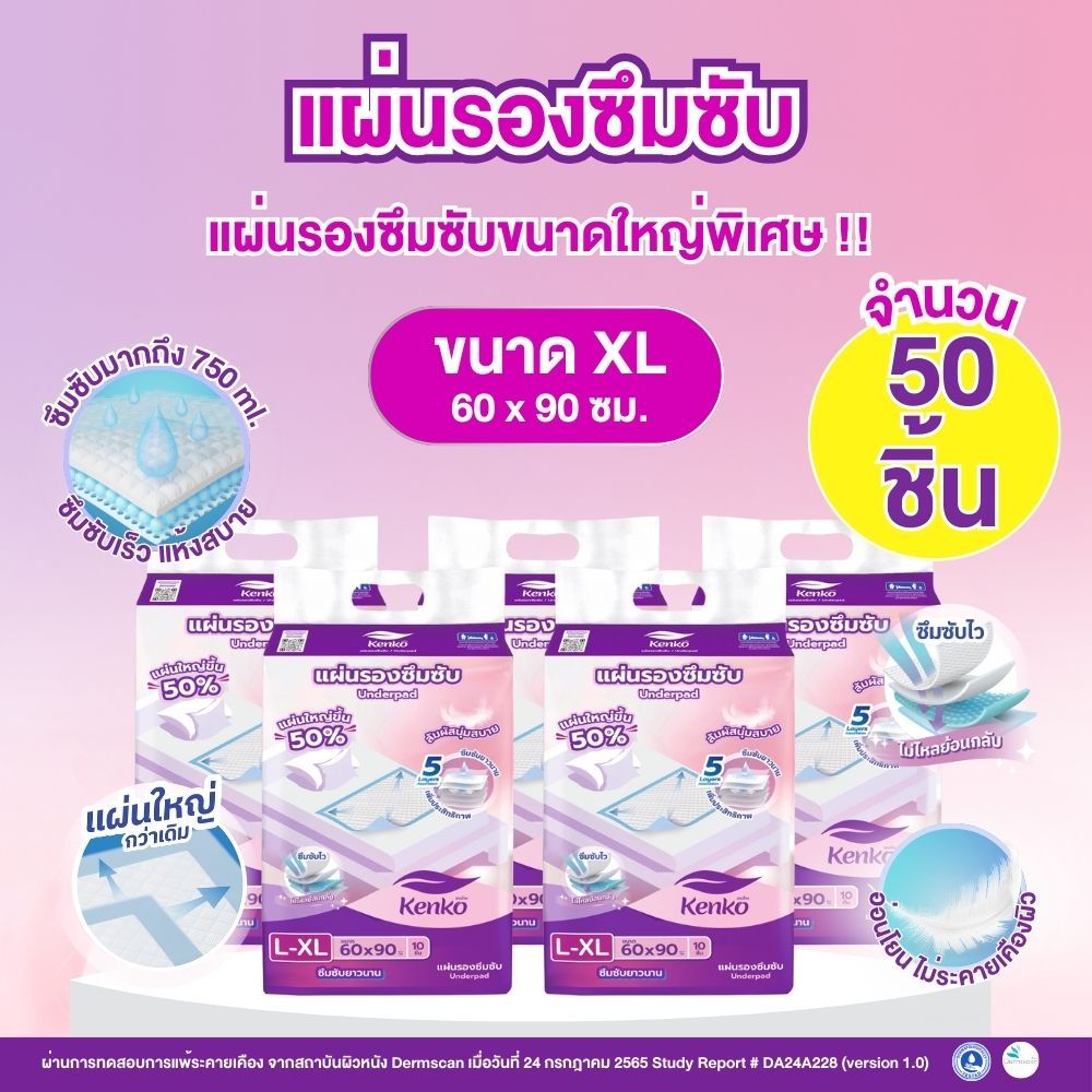 Kenko [แผ่นรองซึมซับ 50 ชิ้น] แผ่นรองซับผู้ใหญ่ แผ่นรองเตียง แผ่นปูเตียง ขนาดใหญ่พิเศษ 60x90 ซม.