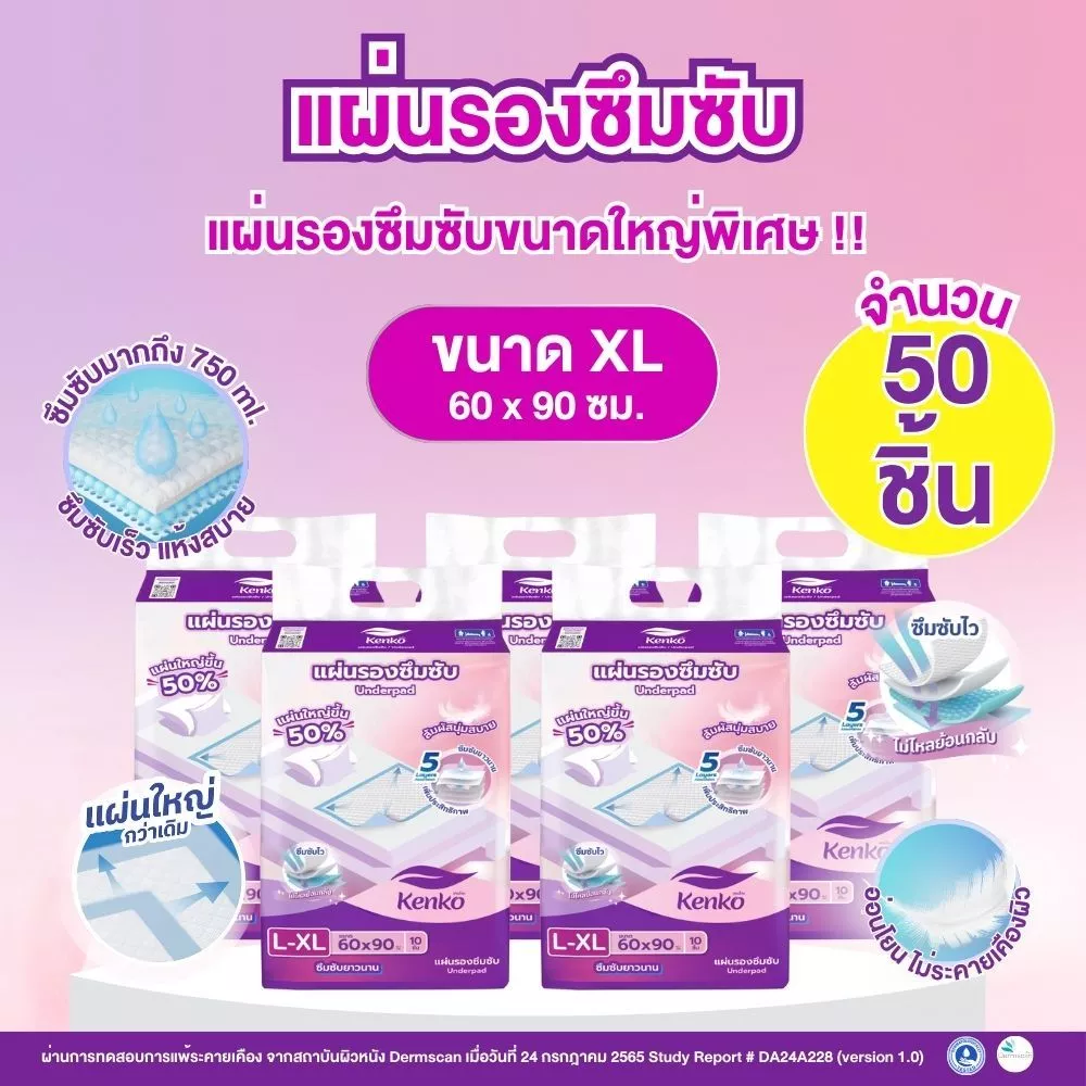 Kenko [แผ่นรองซึมซับ 50 ชิ้น] แผ่นรองซับผู้ใหญ่ แผ่นรองเตียง แผ่นปูเตียง ขนาดใหญ่พิเศษ 60x90 ซม.