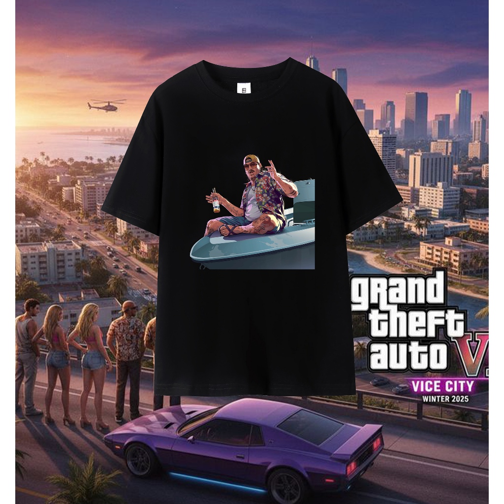 New GTA 6 game เกมสนุกและสนุก การพิมพ์แบบหลวม ๆ สำหรับผู้ชายและผู้หญิง Round neck single-sided print