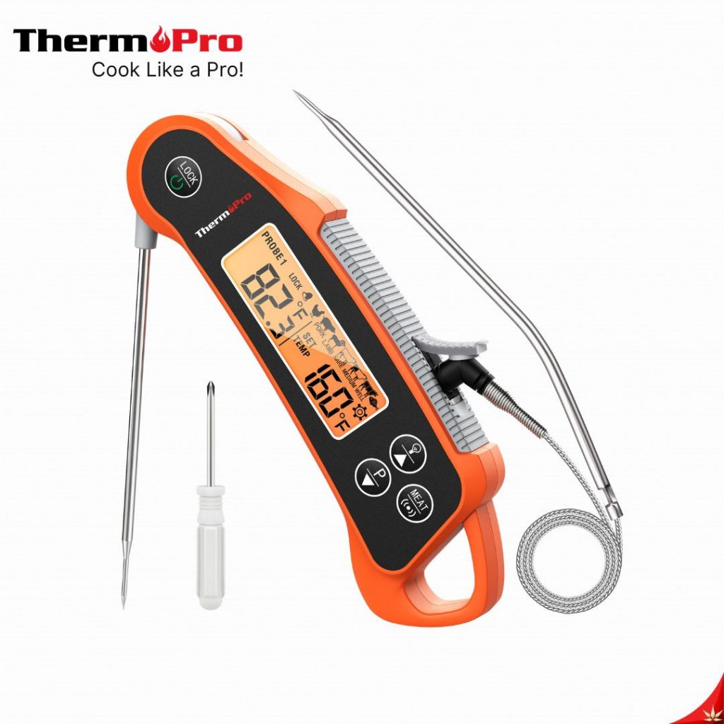 ThermoPro TP710 เทอร์โมมิเตอร์วัดอุณหภูมิอาหารดิจิทัล 2 in 1 เเบบด้ามเเละสายวัด สเต็ก BBQ เนื้อย่าง