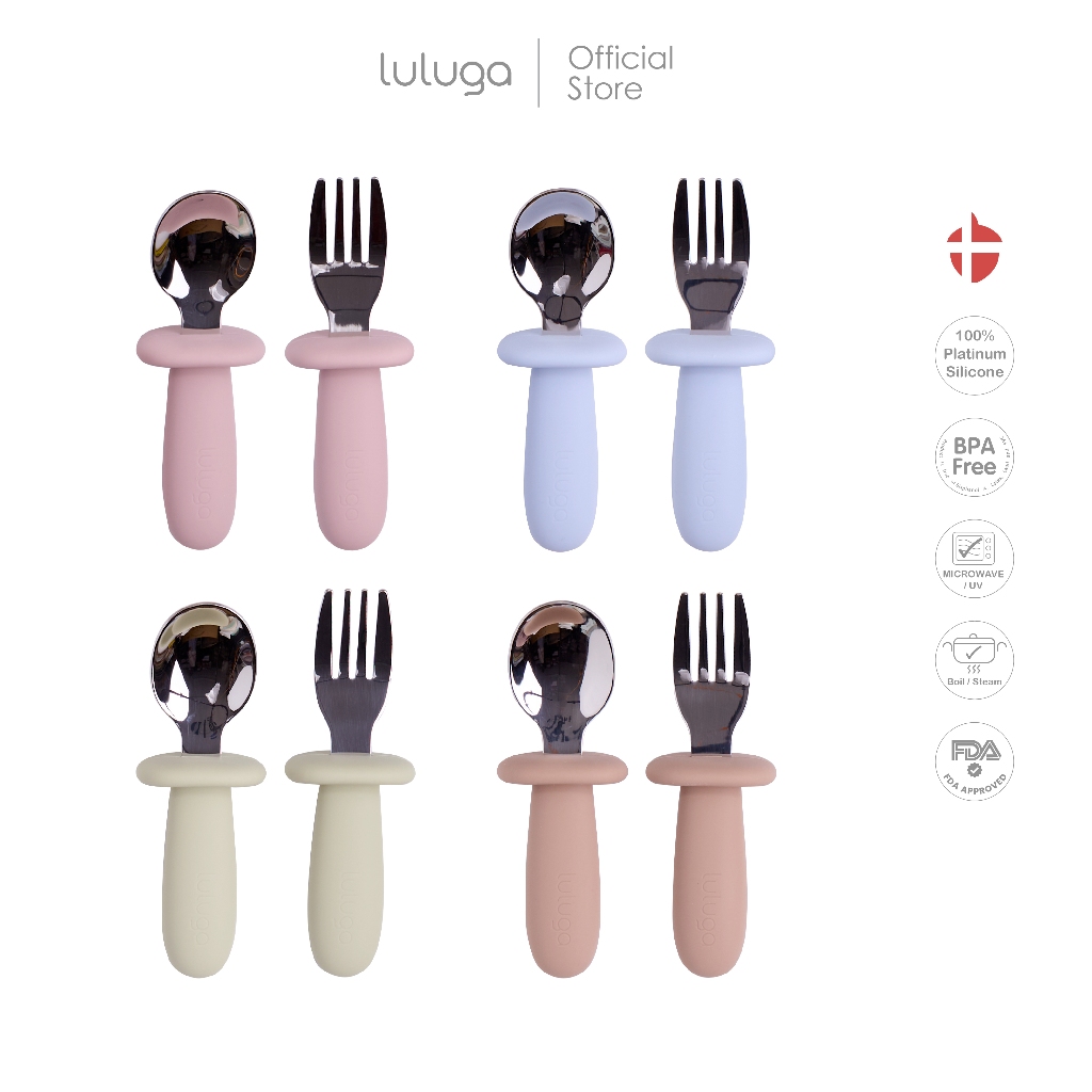 Luluga ช้อนส้อมเด็ก ช้อนฝึกทาน สแตนเลส SUS316 ด้ามซิลิโคน กันสำลัก BPA Free ฝึกทาน BLW 6 เดือน+