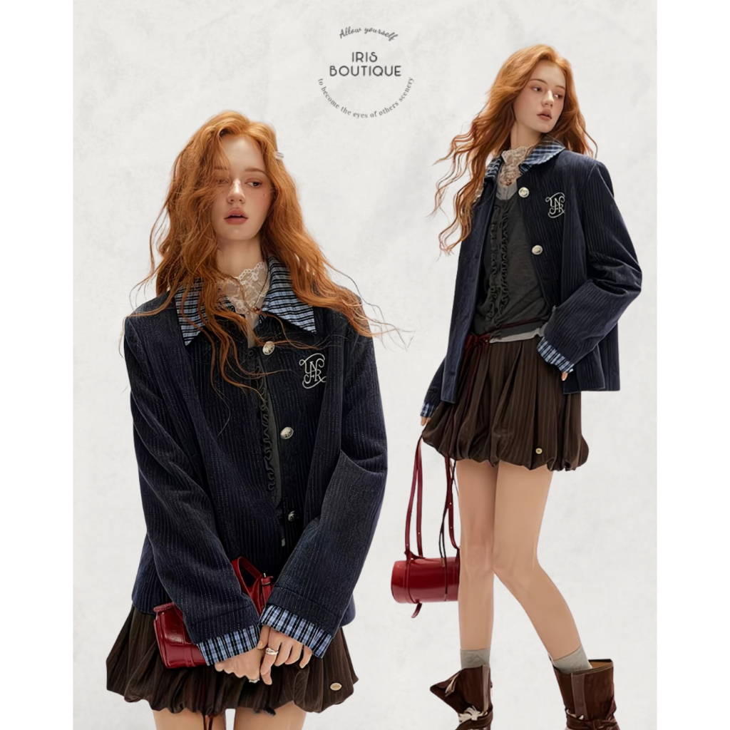 IRIS BOUTIQUE 26ss IRIS.2  IJ83017 Aurora Vintage Jacket แจ็คเก็ตสีเข้มสไตล์วินเทจ ผสมกลิ่นอายคลาสสิก