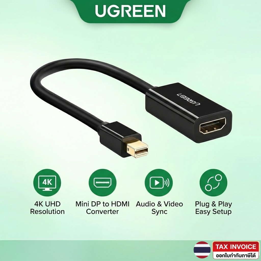 UGREEN 40360 Mini Display Port to HDMI (Thunderbolt 2.0) 4K Mini DP to HDMI Adapter Cable สีดำ