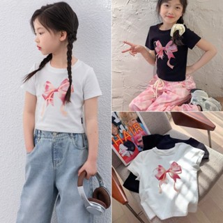 เสื้อยืดเด็กผู้หญิง เสื้อยืดแขนสั้น สไตล์เกาหลี แฟชั่นโบว์พิ…
