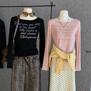 BY0409 เสื้อแขนยาวคอกว้าง ผ้าคอตตอนซีทรูสกรีนลายตัวอักษร benly co