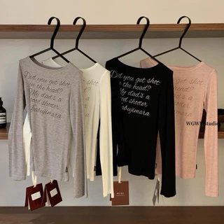 BY0409 เสื้อแขนยาวคอกว้าง ผ้าคอตตอนซีทรูสกรีนลายตัวอักษร benly co