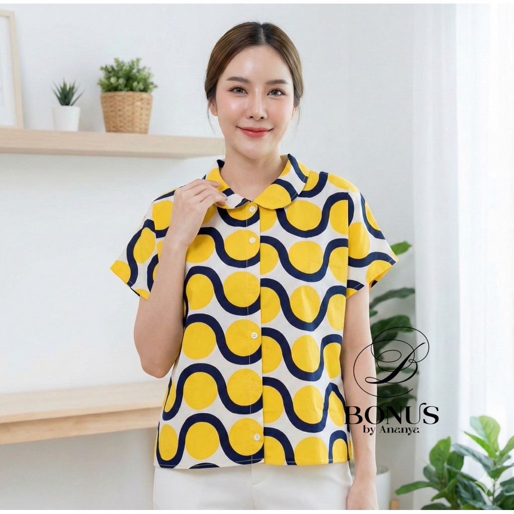🏷ป้ายBonus by Ananya  ‼️เสื้อคอบัวเชิ้ตแขนสั้นผ้าคอตตอลญี่ปุ่น กระดุมหน้าแขนในตัวชายตรง ผ่าข้างบอกเลยน่ารักสุดๆ