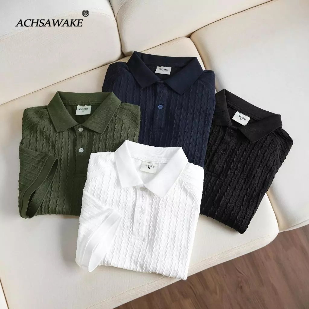 ACHSAWAKE เสื้อ ชาย สไตล์เกาหลี เสื้อโปโล ผ้าถัก คอปก หลายฟังก์ชั่น เสื้อทีเชิร์ต สีเรียบ