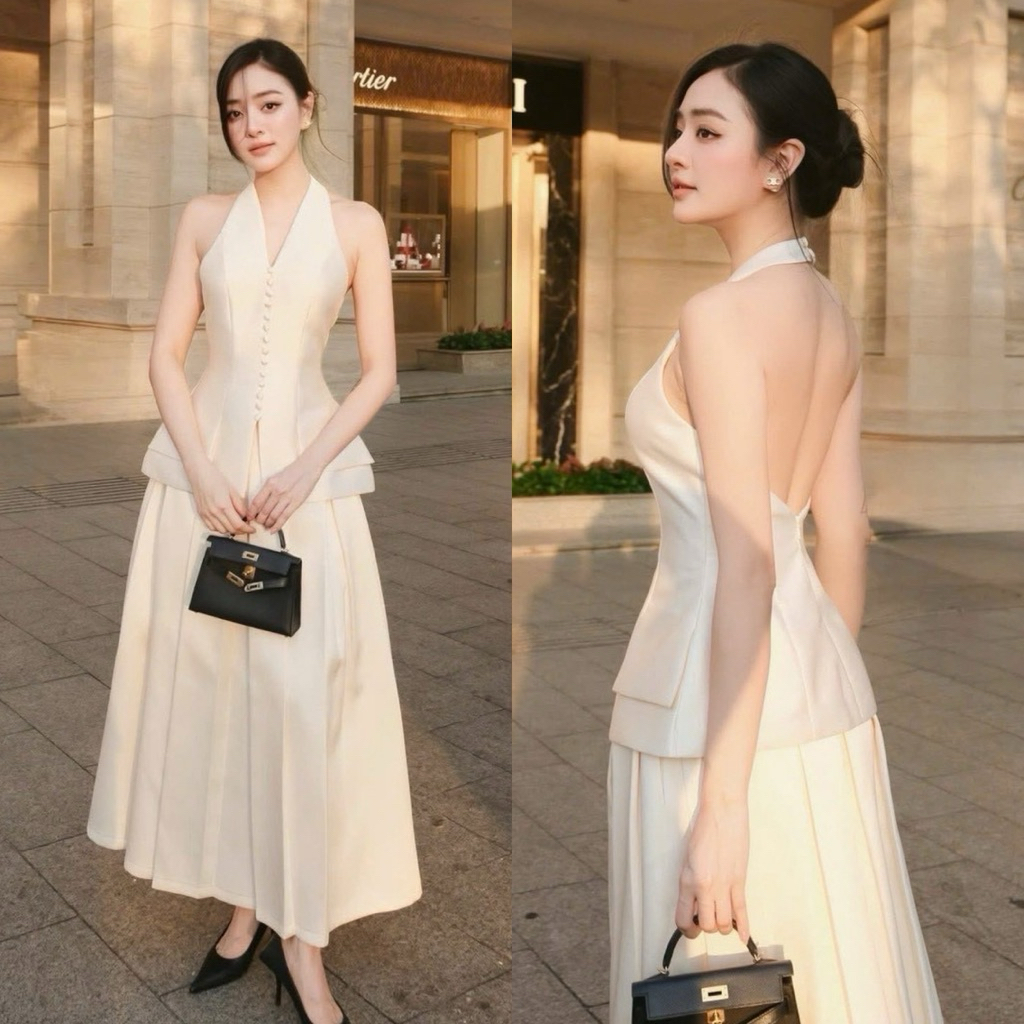 Ticha•Set 2 ชิ้น สีครีม เสื้อคล้องคอ แต่งกระดุมเรียงยาวใส่แมทซ์กับกระโปรงยาว