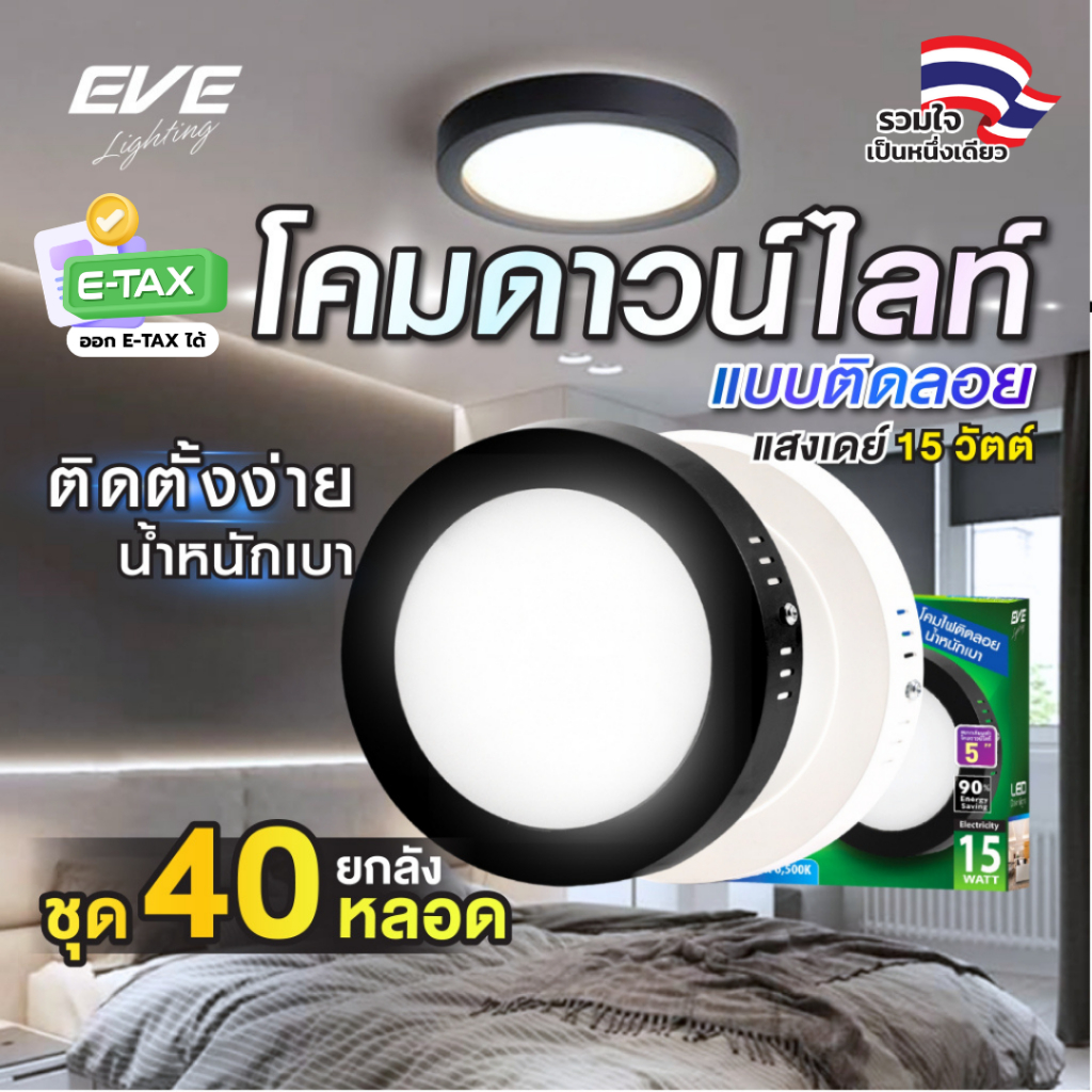 (ยกลัง 40 โคม) โคมไฟดาวน์ไลท์ ติดเพดาน แอลอีดี LED ชนิดติดลอย รุ่น Rass ขนาด 15 วัตต์ แสงขาว 6500K