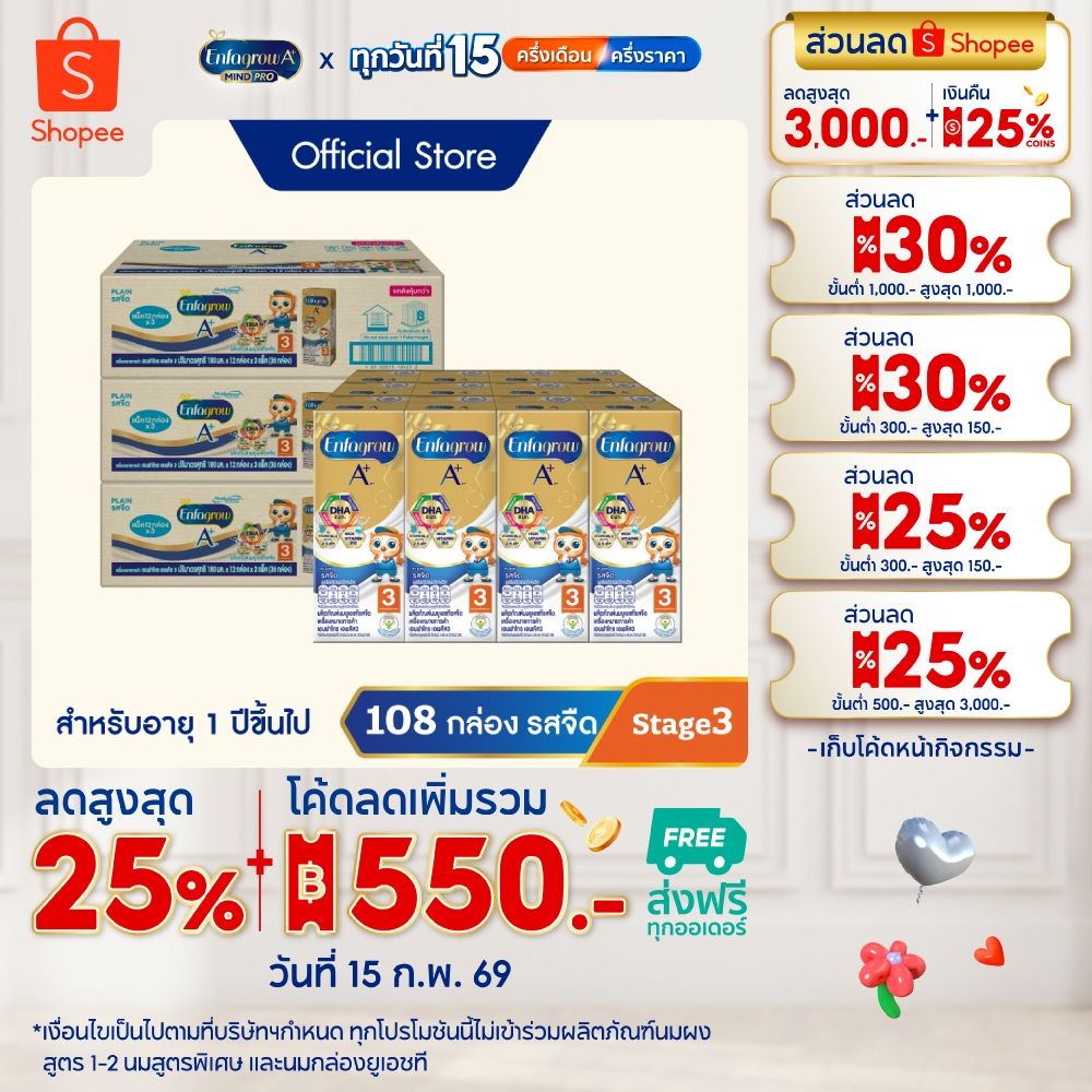 นมกล่อง เอนฟาโกร ยูเอชที สูตร3 ชนิดจืด (36 กล่อง) x3 ลัง Enfagrow UHT Stage3 Plain (36 boxes) x3 cases