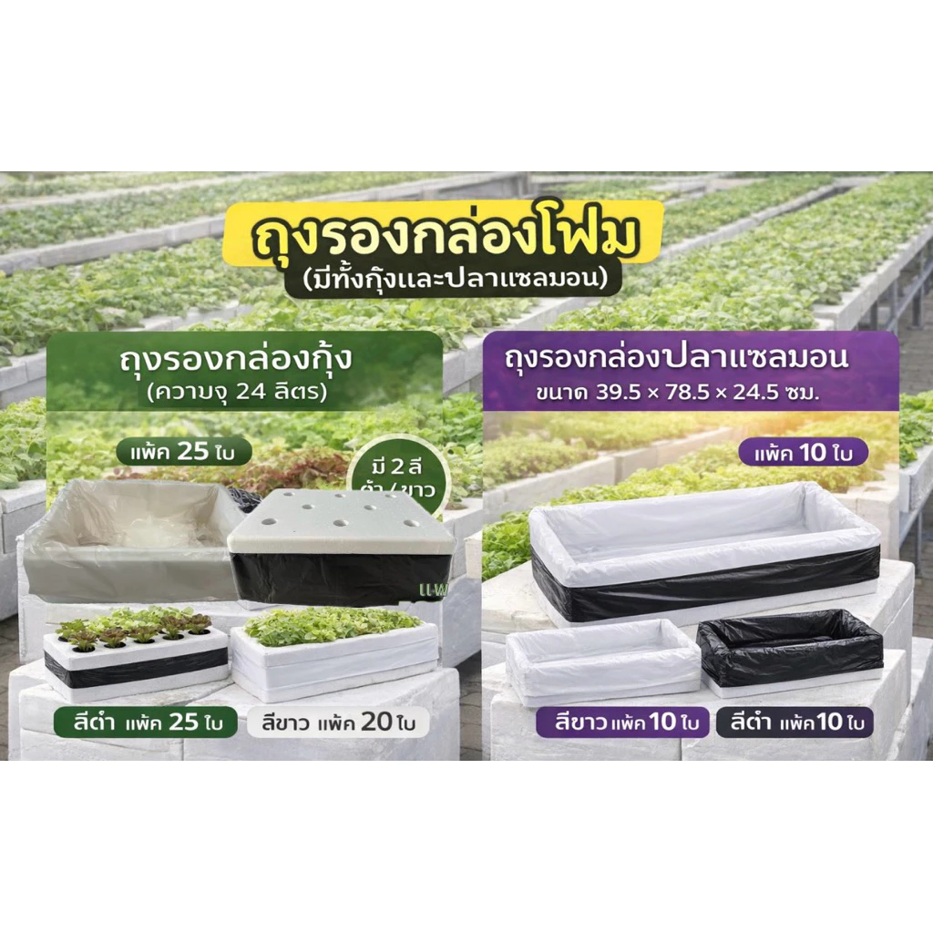 ถุงขาว,ดำรองกล่องโฟมกุ้ง ถุงรองปลูกผักไฮโดรโปนิกส์ ไม่ต้องตัด สวมใส่ได้เลยพร้อมปลูก