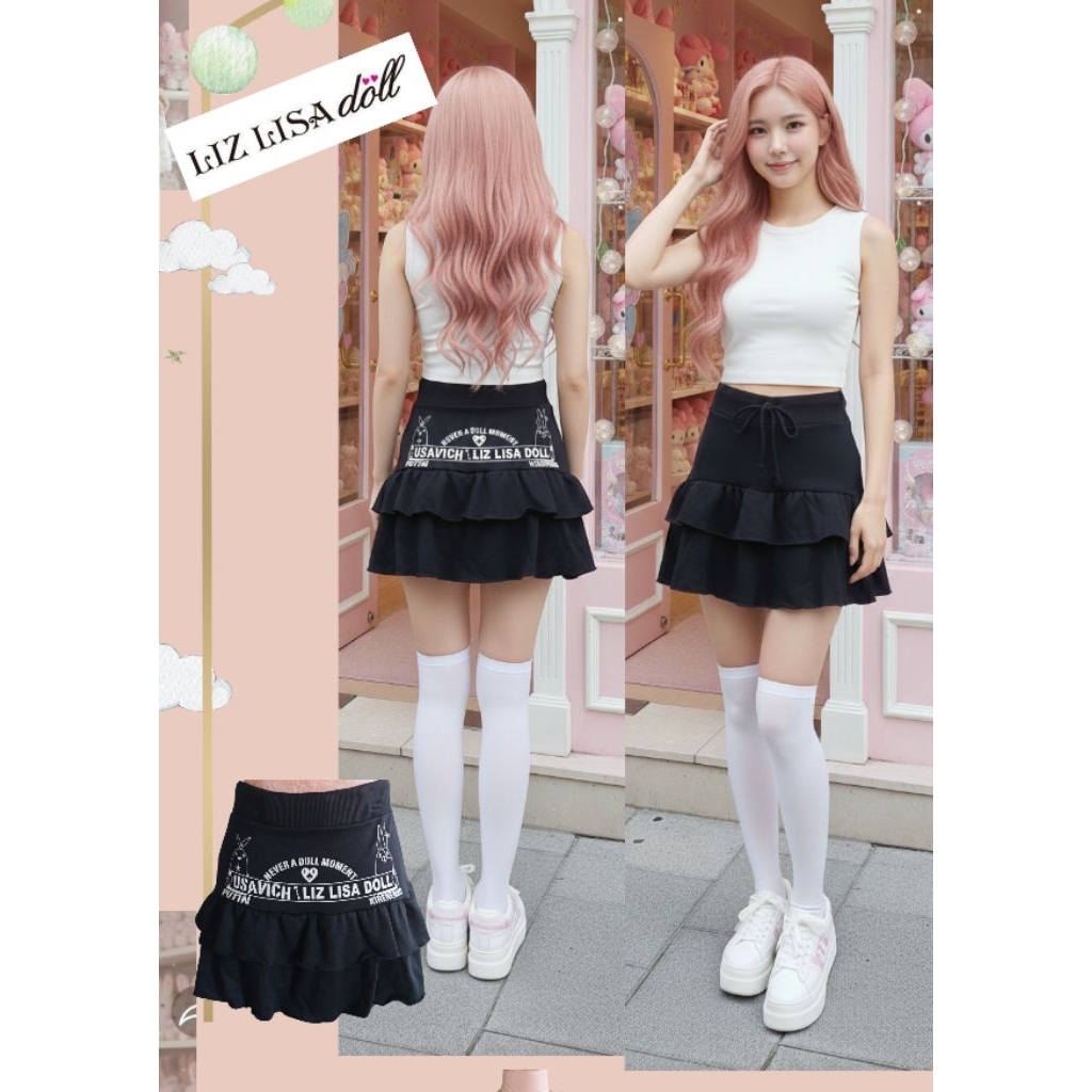 NWT กระโปรง แบรนด์ Lizlisa doll มือ 1 ป้ายห้อย สีดำกระโปรงระบายเป็นสั้น ลายกระต่ายด้านหลัง😘💕แบรนด์ญี