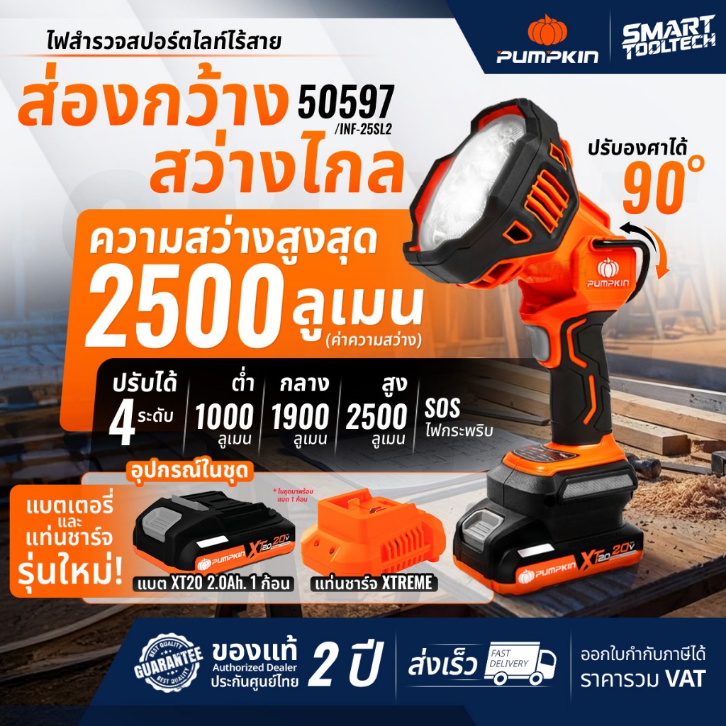 🔥รุ่นใหม่2026 ส่งด่วน🔥 สปอร์ตไลท์ ปรับได้ 4 ระดับ Pumpkin 50596 / 50597 ไฟฉาย สปอร์ตไลท์ไร้สาย