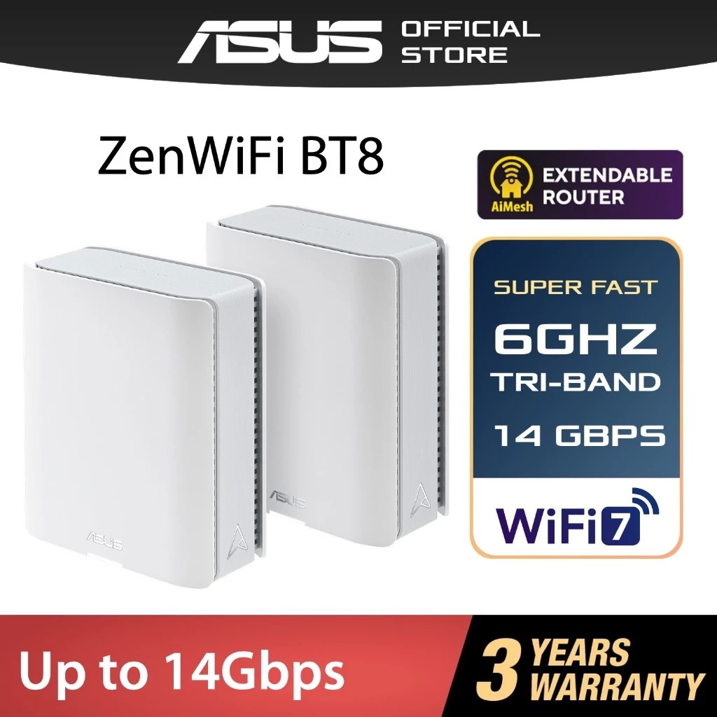 ASUS ZENWIFI BT8 PACK 2 (W-2-PK) MESH Router WI-FI 7 แบบ Tri-band ความเร็วสูงสุด 14 Gbps รองรับคลื่น