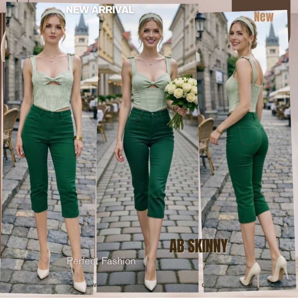 AB Skinny กางเกง 7 ส่วน สีเขียวไมโล ของแท้ จากเพจดัง 350,000 Like กางเกง AB สกินนี่ยีนส์ผู้หญิง