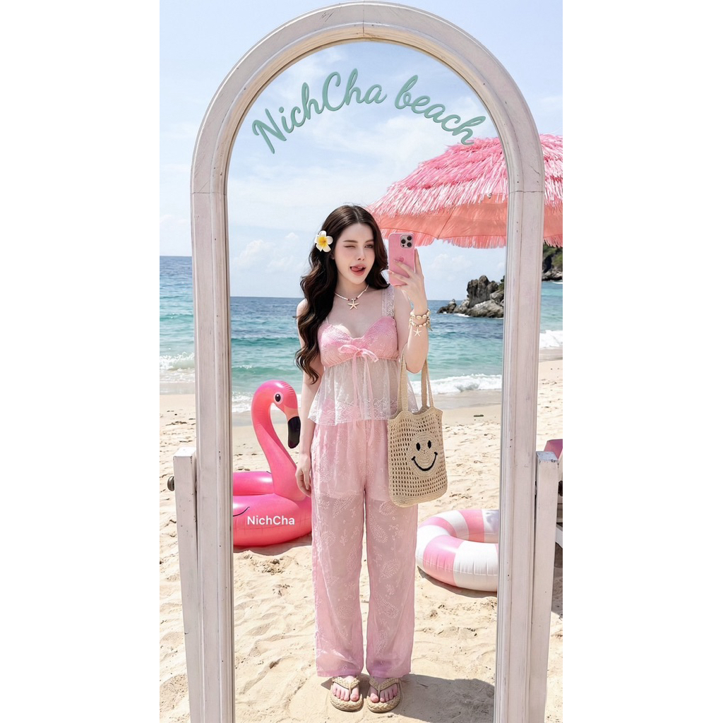 Set2ชิ้น  – เสื้อสายเดี่ยวลูกไม้หน้าอกผูกโบว์แต่งชายลูกไม้ – กางเกงขายาวมีกระเป๋า2ข้าง มีซับกางเกง ราคา ถูกที่สุด ดีลบีเคเค แกลเลอรีภาพที่ 3