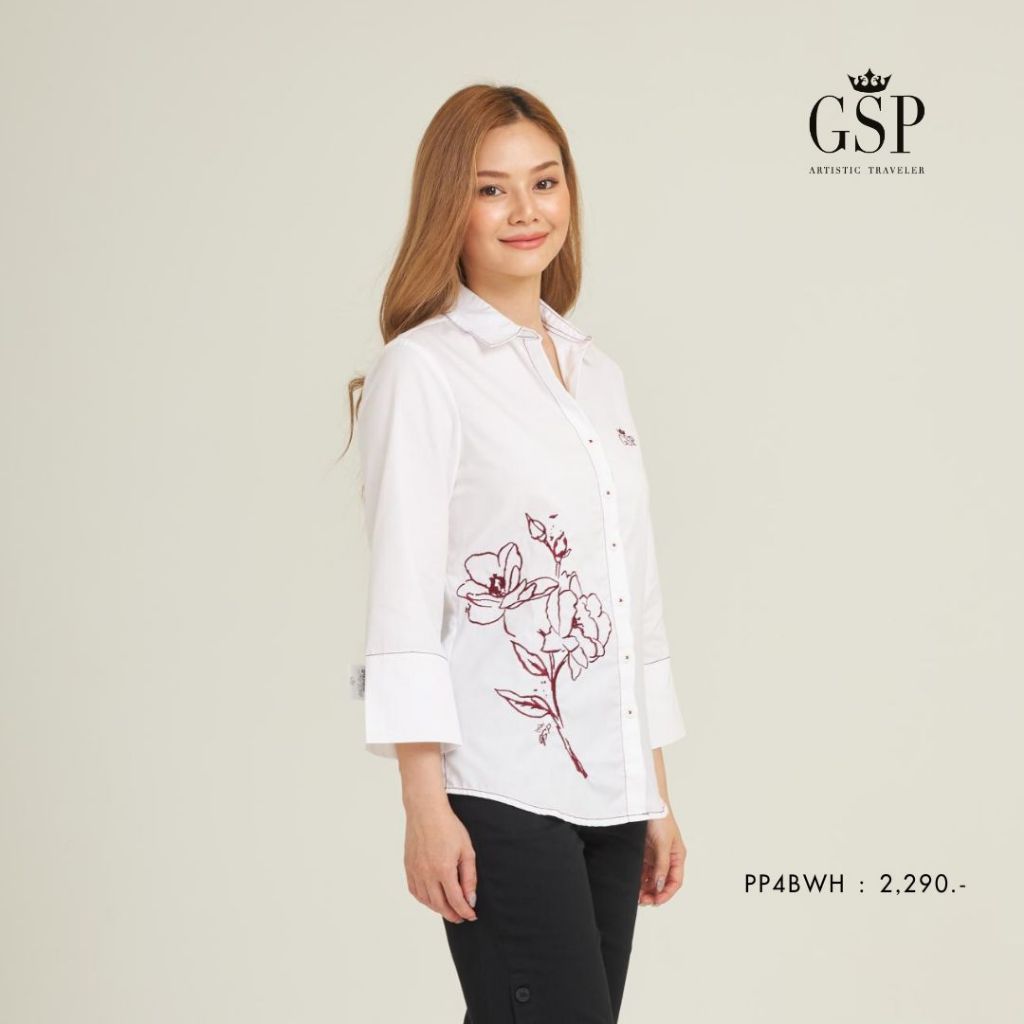 GSP จีเอสพี เสื้อเชิ้ตคอตตอน แขนสี่ส่วน สีขาว แต่งลายปักดอกไม้สีแดง PP4BWH