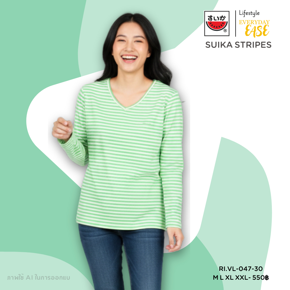 เสื้อแตงโม (SUIKA) -เสื้อยืดคอวี ลายริ้วทอ แขนยาว ( RI.VL-047) — صورة 3
