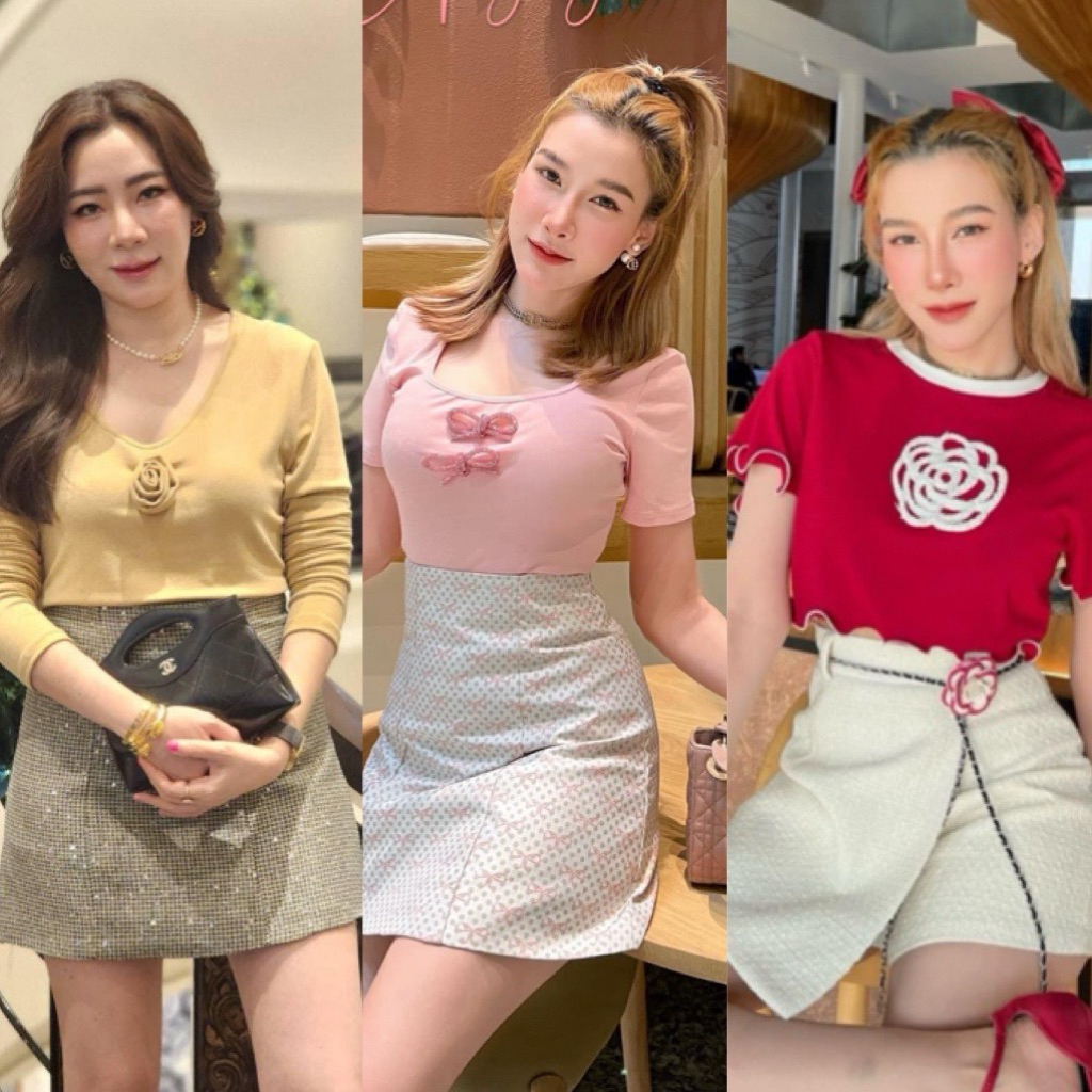 Valley Girl VG เซ็ทกระโปรงกางเกงผ้าทวิสเสื้อกุหลาบแดง + เข็มขัดโซ่ดอกกุหลาบ