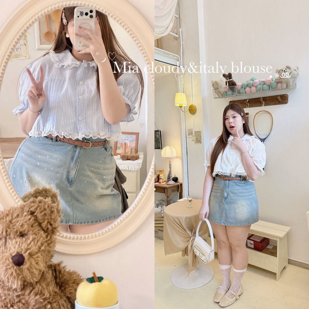 Mia cloudy&italy blouse🏠🪽”เสื้อสีขาวไหมเกาหลี/ผ้าริ้วฟ้าจีบสาวอวบต้องมีบอกเลยว่าคุ้มสุดๆ!