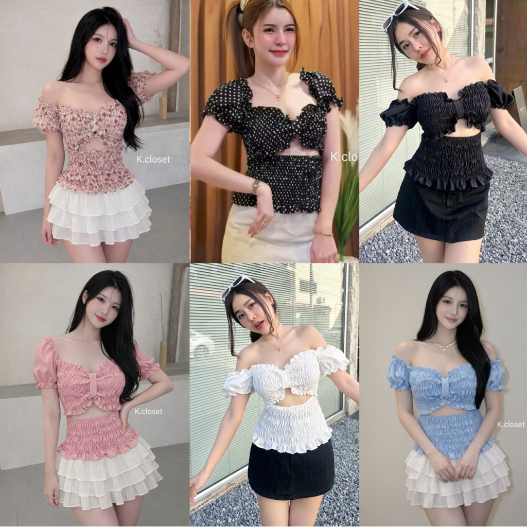 ♡⸝⸝♡⸝⸝(สาวอวบใส่ได้อกถึง48 )เสื้อแขนตุ๊กตาเกาะอกสม็อค ยืดเยอะ เสื้อแขนตุ๊กตาปาดไหล่สม็อค เสื้อลาย polka dot