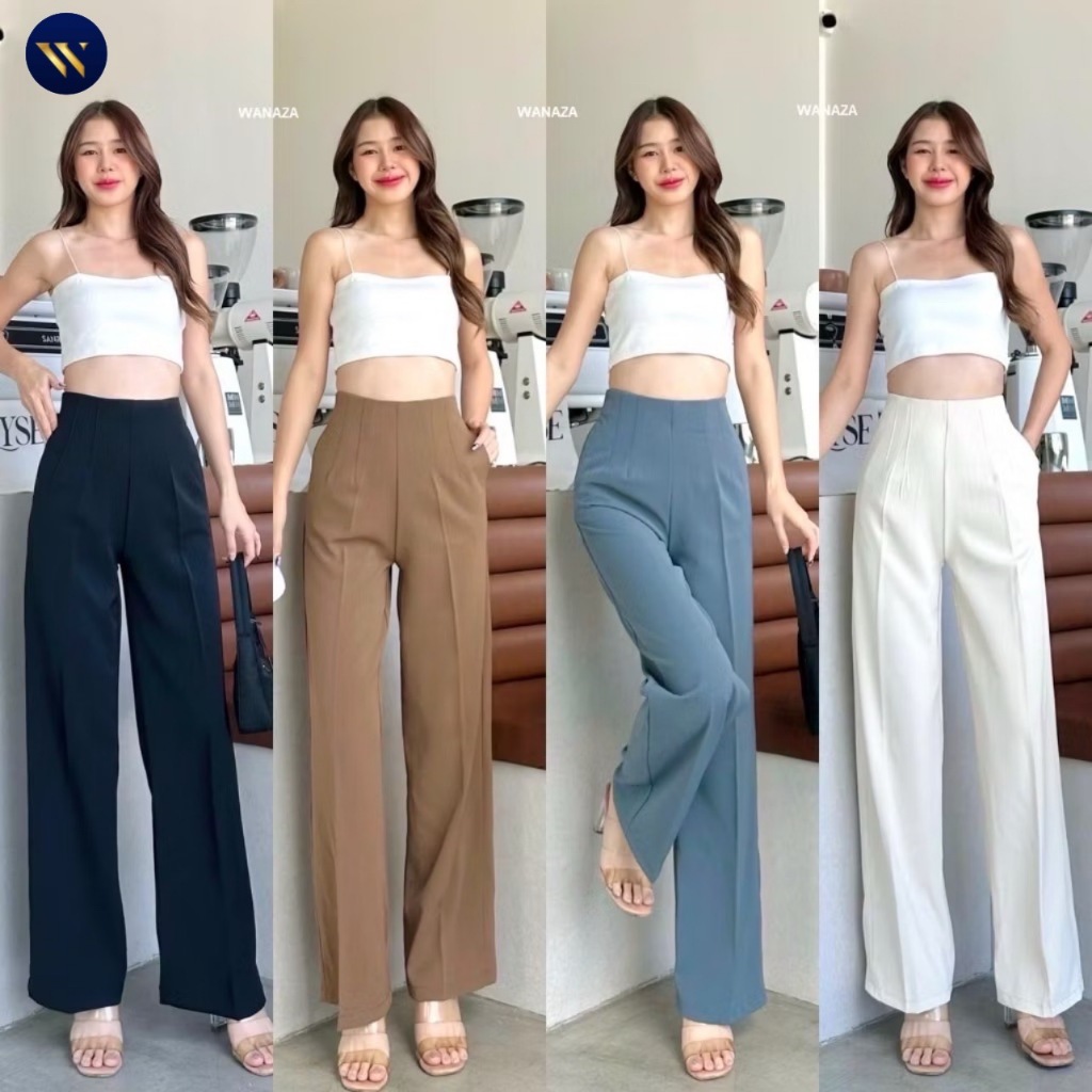WT03 รุ่นขอบในตัวซิปหลัง กางเกงทรงกระบอก กลาง กางเกงเอวสูง ผู้หญิง เก็บพุง พรางหุ่น กางเกงขายาวผู้หญิง ใส่ทำงาน ผ้าลินลี