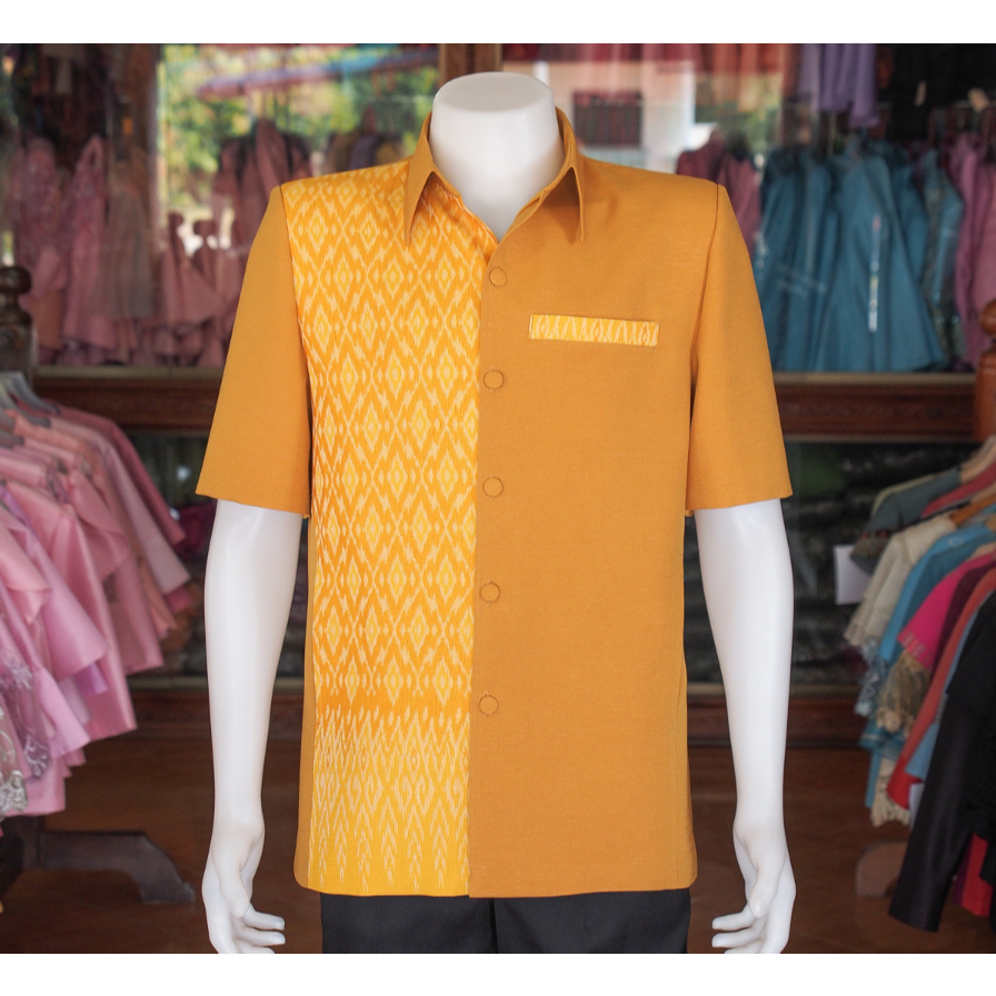 เสื้อสูทผ้าฝ้ายแต่งลายไทย สีเหลืองทอง อัดกาวทั้งตัว